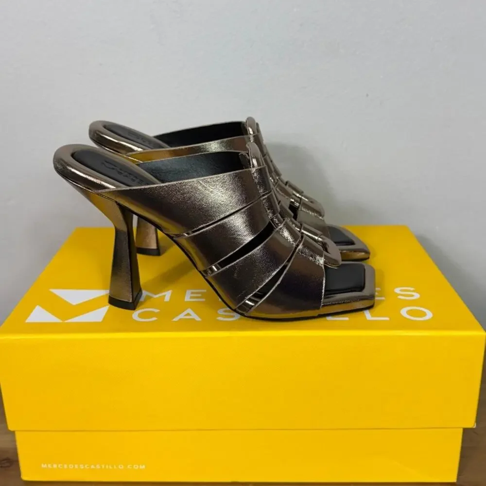 Mercedes Castillo Aria High-Heel Slide Sandals, Tungsten Metallic Leather Size 8